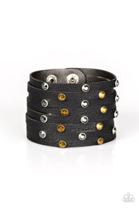 black,leather,rhinestones,snap,wrap,Go-Getter Glamorous Black Leather Rhinestone Bracelet