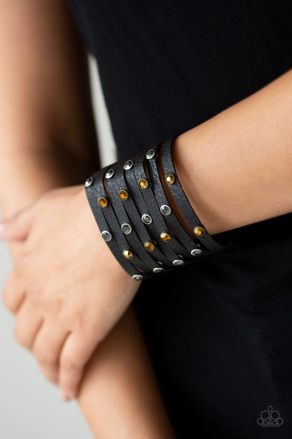 Go-Getter Glamorous Black Leather Rhinestone Bracelet Paparazzi Accessories