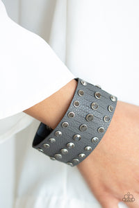hematite,leather,rhinestones,silver,snap,wrap,Now Taking The Stage - Silver Leather Wrap Bracelet