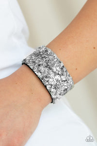 Black,Leather,Sequins,Silver,Snap,Wrap,Starry Sequins Silver Wrap Bracelet