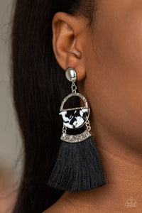 black,fringe,post,silver,Tassel Trot Black Fringe Earring