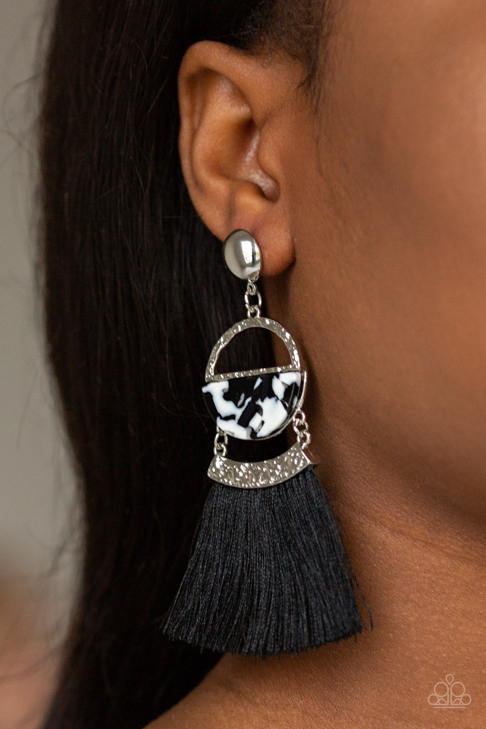 Tassel Trot Black Fringe Earring Paparazzi Accessories