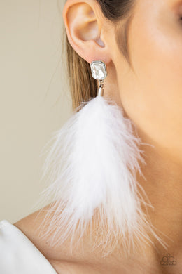 The SHOWGIRL Must Go On White Feather Earring Paparazzi Accessories
