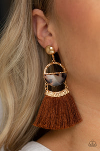 brown,cheetah,fringe,gold,post,Tassel Trot Brown Fringe Earring