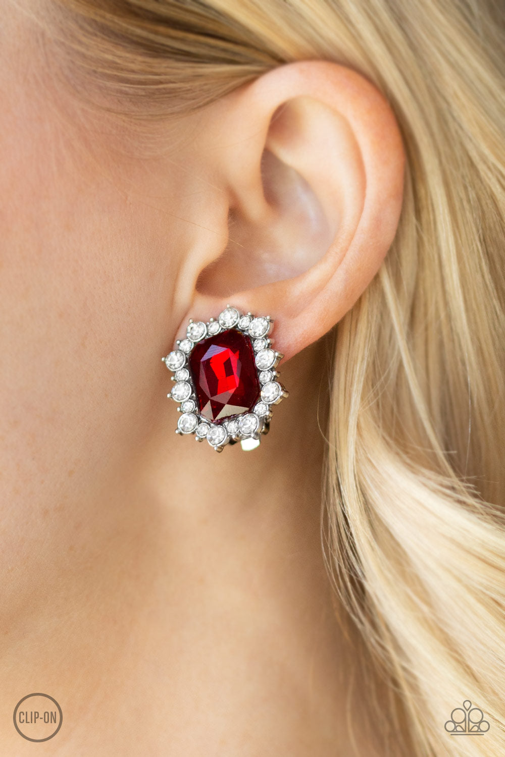 Prime Time Shimmer Red Clip-On Earring Paparazzi Accessories
