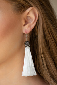 fishhook,fringe,rhinestones,white,Make Room For Plume White Fringe Earrings
