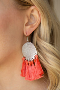 coral,fishhook,fringe,silver,Tassel Tribute Orange Fringe Earring