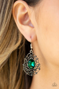 fishhook,green,Hematite,rhinestones,silver,Regal Razzle Green Earrings