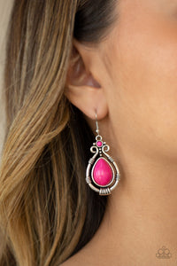 Crackle Stone,Fishhook,Pink,Silver,Canyon Scene Pink Earrings