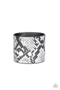 leather,silver,snakeskin,snap,wrap,Whats Hiss is Mine Silver Leather Bracelet