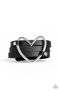 black,Hearts,leather,snap,wrap,One Love, One Heart Black Leather Bracelet
