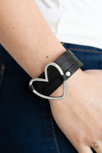 black,Hearts,leather,snap,wrap,One Love, One Heart Black Leather Bracelet
