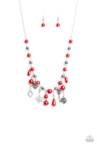 Hearts,key,Pearls,red,short necklace,Renaissance Romance - Red Pearl Necklace