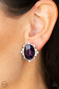 clip-on,purple,rhinestones,Regally Radiant - Purple Rhinestone Clip-On Earrings