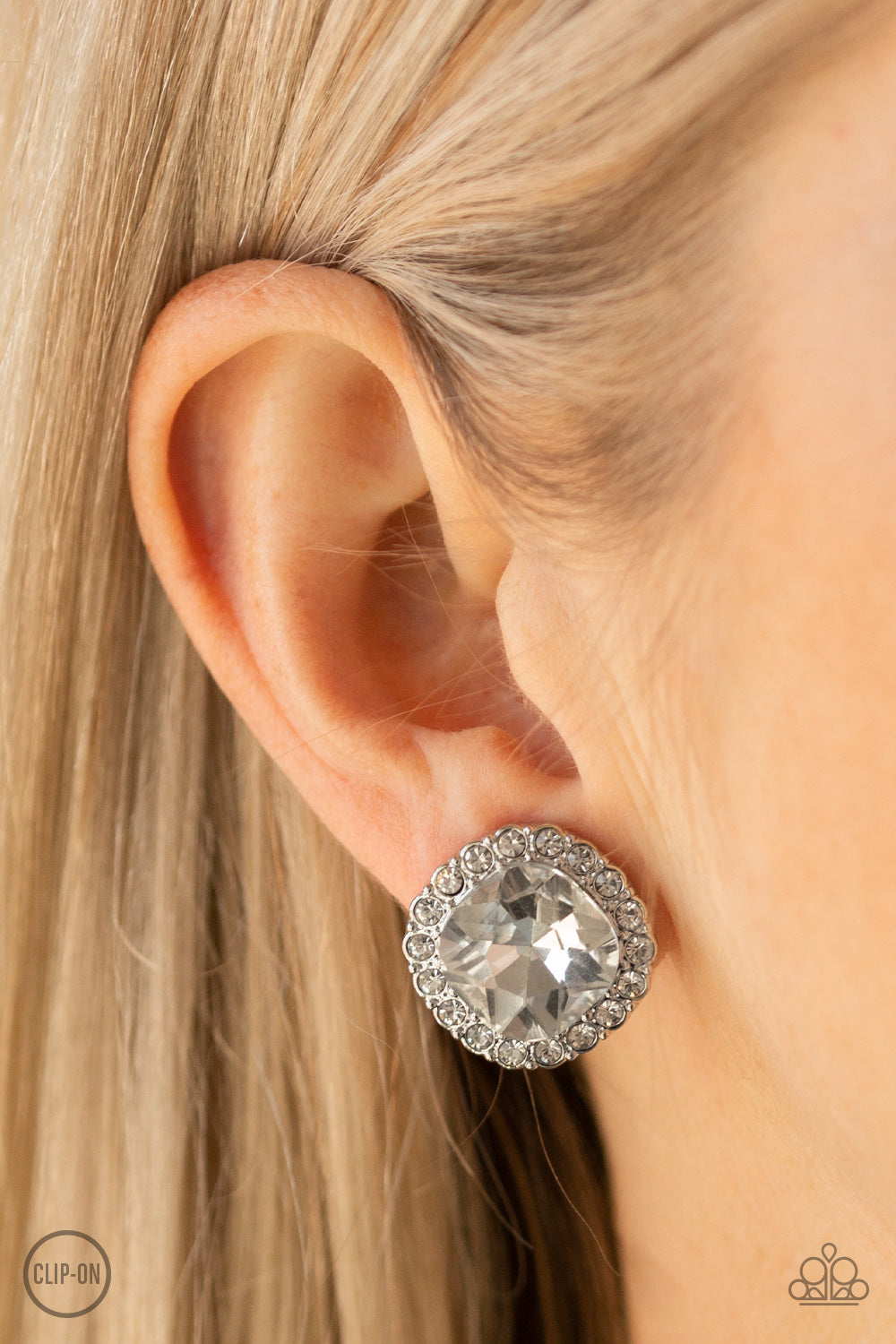 Diamond Duchess White Rhinestone Clip-On Earring Paparazzi Accessories