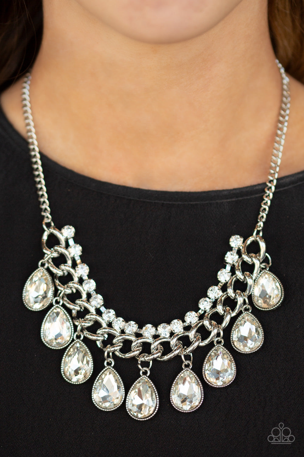 All Toget-Heir Now White Rhinestone Necklace Paparazzi Accessories