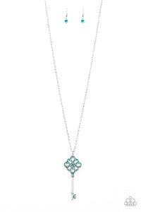 blue,key,long necklace,rhinestones,Unlocked Blue Rhinestone Key Necklace