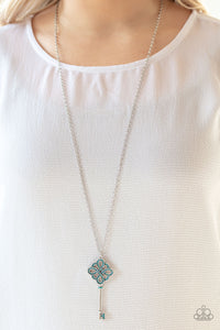 blue,key,long necklace,rhinestones,Unlocked Blue Rhinestone Key Necklace