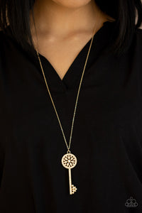 gold,key,long necklace,rhinestones,Keeping Secrets Gold Rhinestone Key Necklace
