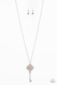 key,long necklace,pink,rhinestones,silver,Unlocked Pink Key Rhinestone Necklace