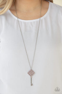 key,long necklace,pink,rhinestones,silver,Unlocked Pink Key Rhinestone Necklace
