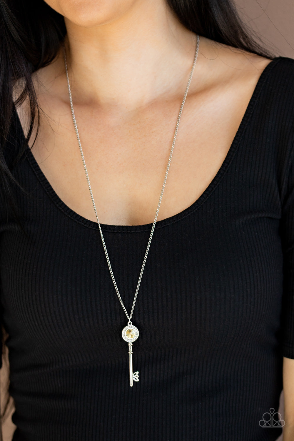 Secret Shimmer Yellow Rhinestone Key Necklace Paparazzi Accessories