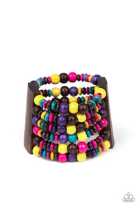 blue,brown,pink,purple,stretchy,wooden,yellow,Don't Stop Belize-ing Multi Wood Bracelet