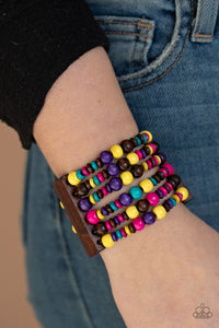 blue,brown,pink,purple,stretchy,wooden,yellow,Don't Stop Belize-ing Multi Wood Bracelet
