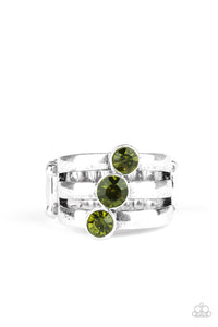 green,rhinestones,silver,Wide Back,Triple The Twinkle - Green Ring