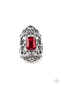 red,rhinestones,silver,Wide Back,Undefinable Dazzle - Red Rhinestone Ring
