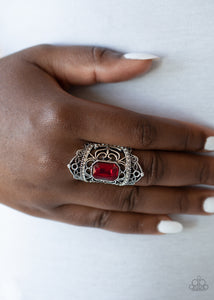 red,rhinestones,silver,Wide Back,Undefinable Dazzle - Red Rhinestone Ring