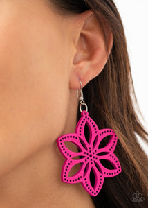 fishhook,pink,wooden,Bahama Blossoms - Pink Earrings