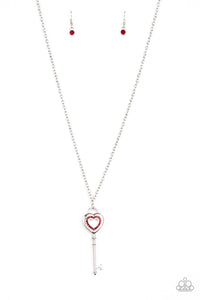 key,long necklace,red,rhinestones,silver,Unlock Your Heart - Red Necklace
