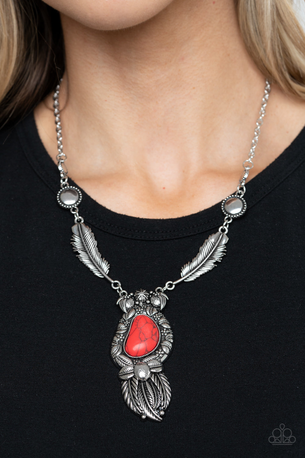 Ruler of The Roost - Red Stone Feather Necklace Paparazzi Accessories