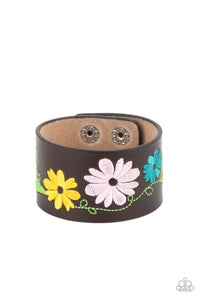 brown,floral,leather,snap,wrap,Western Eden - Multi Leather Floral Wrap Bracelet