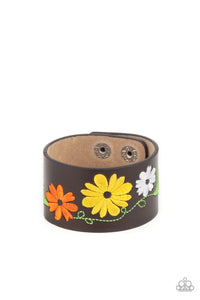 brown,floral,leather,snap,urban,wrap,yellow,Western Eden - Yellow Leather Wrap Urban Bracelet