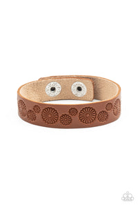 brown,floral,leather,snap,urban,wrap,Follow The Wildflowers - Brown Leather Bracelet