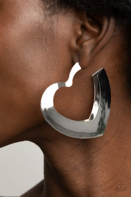 Heart-Racing Radiance - Silver Heart Hoop Earrings Paparazzi Accessories