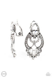 clip-on,rhinestones,white,Glamour Gauntlet - White Rhinestone Clip-On Earrings