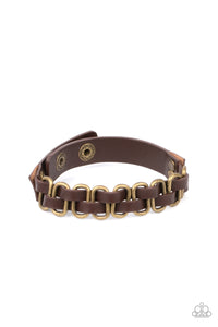 brass,brown,leather,snap,urban,Gone Rogue - Brass Bracelet