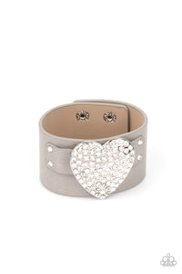 heart,Hearts,leather,rhinestones,silver,snap,wrap,Flauntable Flirt - Silver Rhinestone Heart Wrap Bracelet