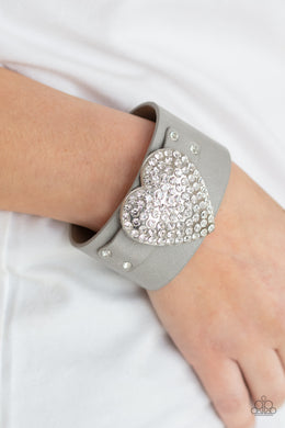 Flauntable Flirt - Silver Rhinestone Heart Wrap Bracelet Paparazzi Accessories