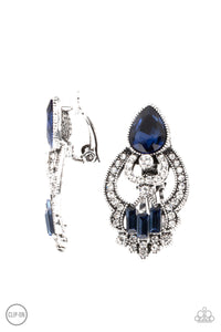 blue,clip-on,rhinestones,Glamour Gauntlet - Blue Rhinestone Clip-On Earrings