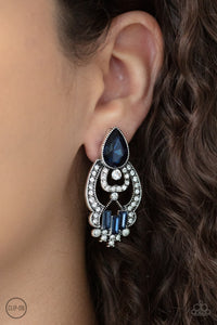 blue,clip-on,rhinestones,Glamour Gauntlet - Blue Rhinestone Clip-On Earrings