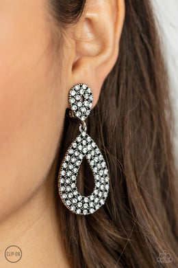 Pack In The Pizzazz - White Rhinestone Clip-On Earring Paparazzi Accessories