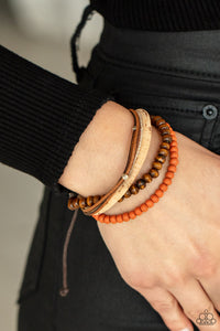 brown,leather,orange,urban,wooden,STACK To Basics - Orange Wooden Pull-Tie Bracelet