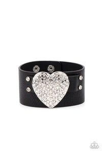 black,heart,Hearts,leather,rhinestones,snap,wrap,Flauntable Flirt Black Leather Rhinestone Heart Bracelet
