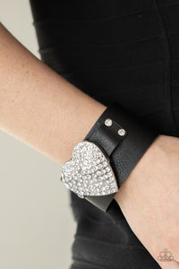 black,heart,Hearts,leather,rhinestones,snap,wrap,Flauntable Flirt Black Leather Rhinestone Heart Bracelet