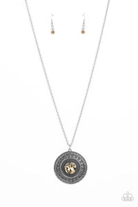 brown,long necklace,rhinestones,silver,Aztec Apex - Brown Rhinestone Necklace