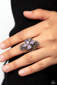 floral,purple,rhinestones,wide back,Garden Escapade - Purple Floral Rhinestone Ring